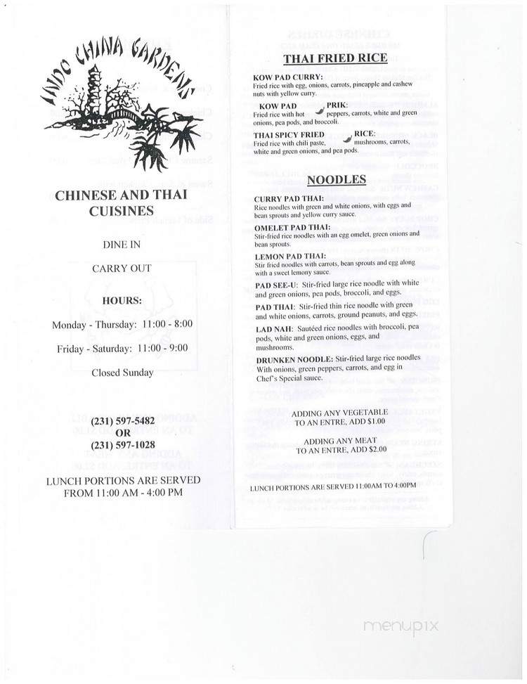 Menu Of Indo China Gardens Restaurant In Cheboygan Mi 49721