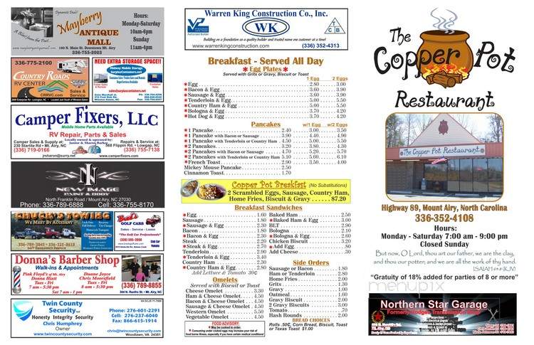 The Copper Pot Restaurant - Mount Airy, NC menu_pic