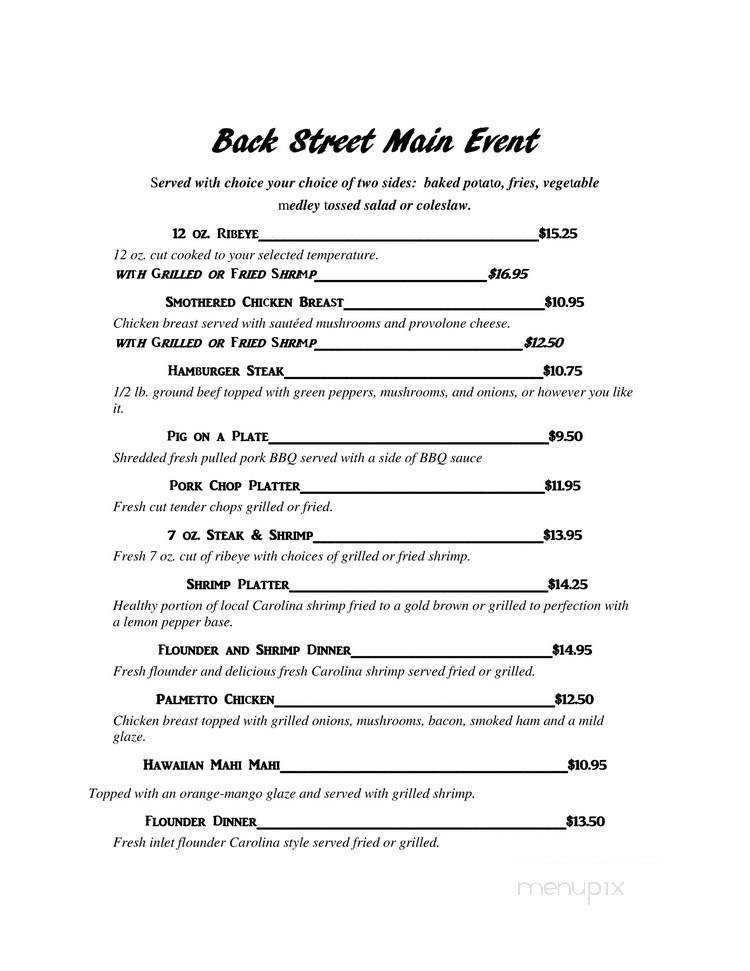 Back Street Cafe - Loris, SC menu_pic