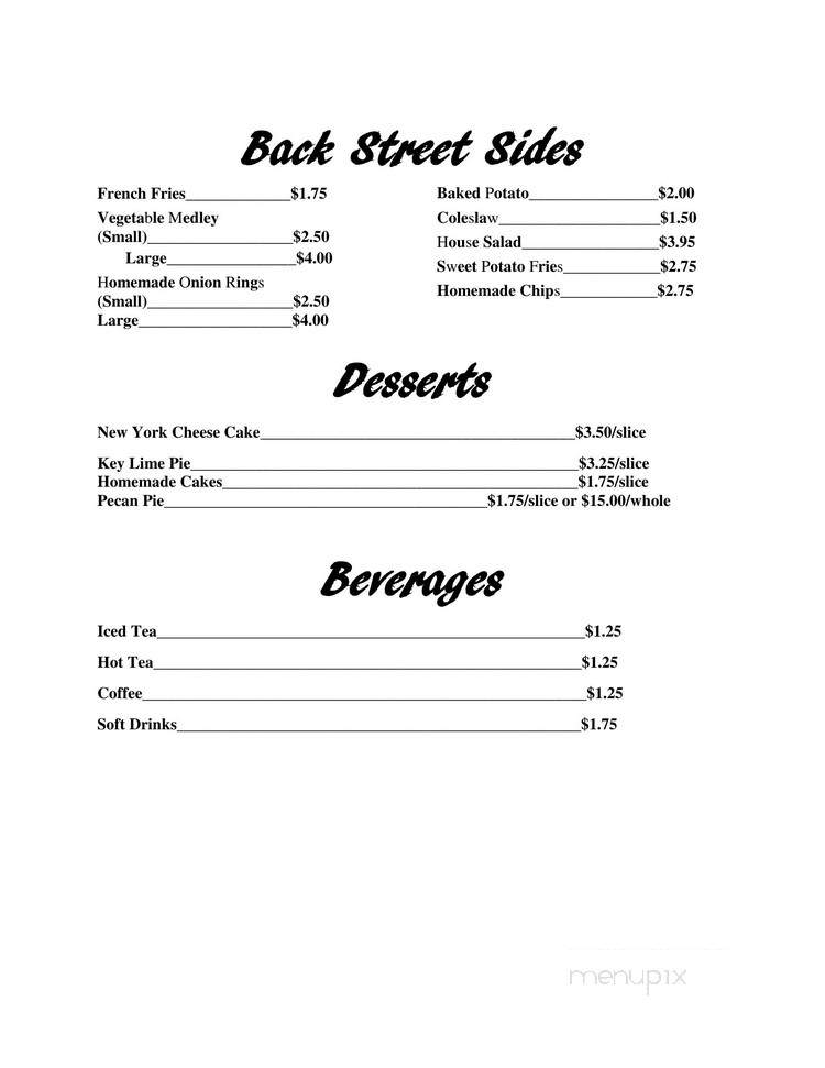 Back Street Cafe - Loris, SC menu_pic
