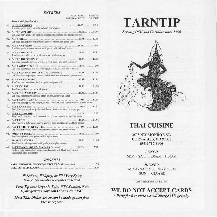 Tarn Tip Thai Cuisine - Corvallis, OR menu_pic