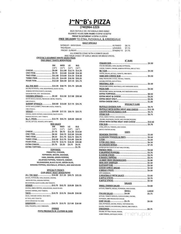 J N B's Pizza - Pataskala, OH menu_pic