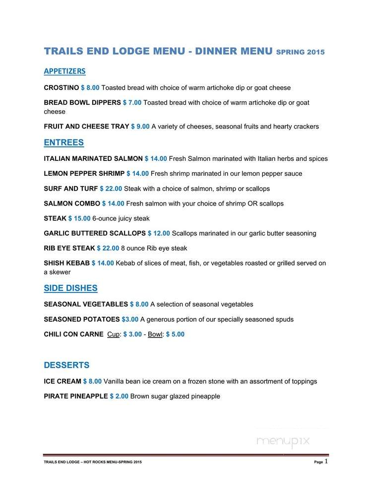 Trails End Lodge - Wine Trails End - Cobden IL - Cobden, IL menu_pic
