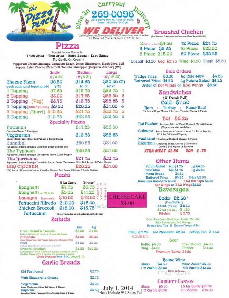 Pizza Place - Acton, CA menu_pic