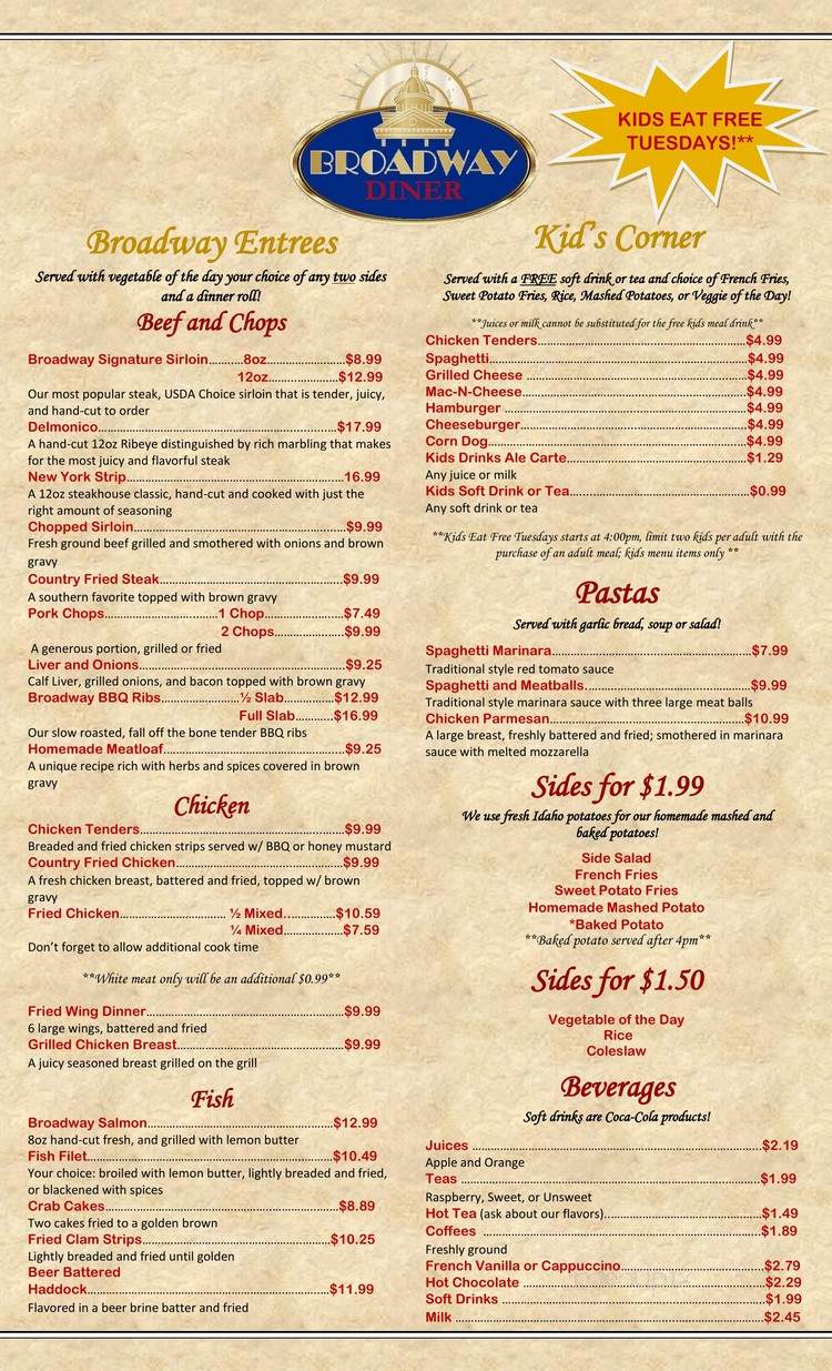 Menu of Broadway Diner in Bartow, FL 33830