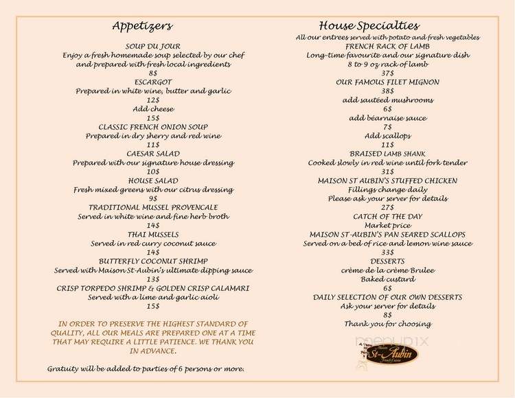 Maison St-Aubin's - Sarnia, ON menu_pic