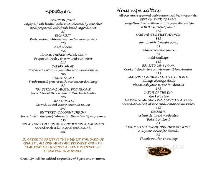 Maison St-Aubin's - Sarnia, ON menu_pic