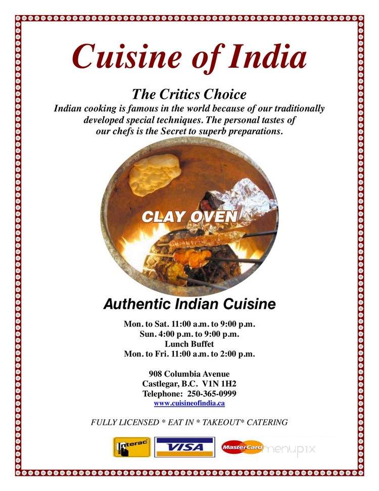 Cuisine Of India - Castlegar, BC menu_pic