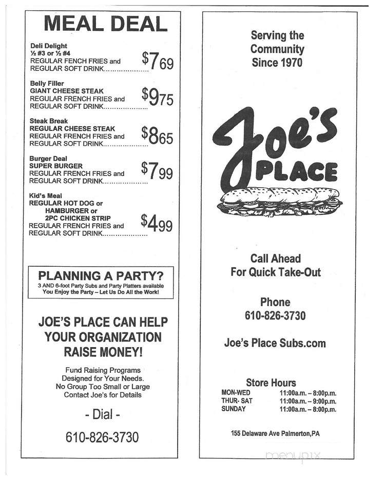 Joe's Place - Palmerton, PA menu_pic