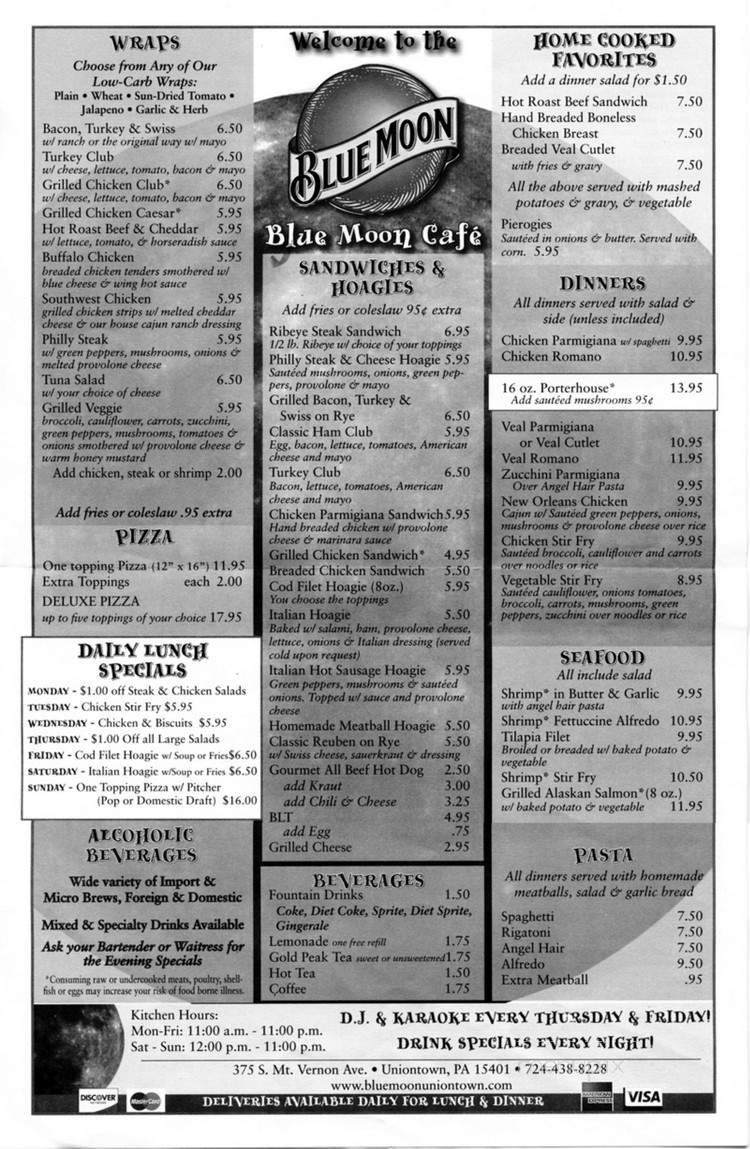 Blue Moon Cafe - Uniontown, PA menu_pic