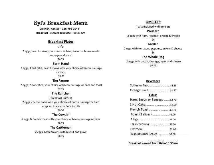Syl's Restaurant - Colwich, KS menu_pic
