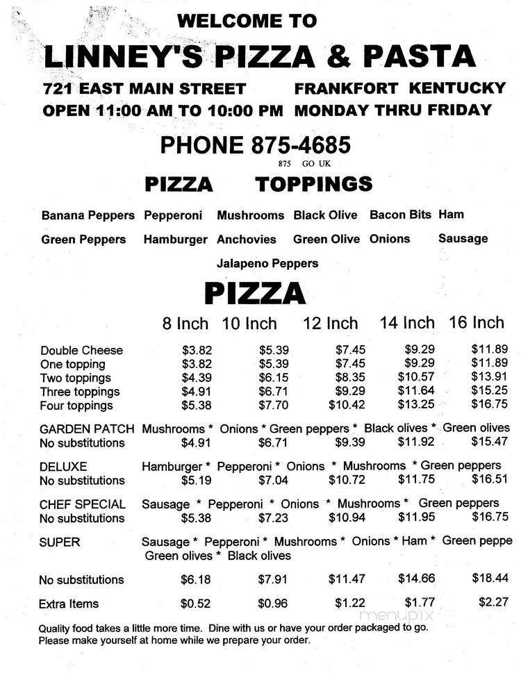 Linney's Pizza - Frankfort, KY menu_pic