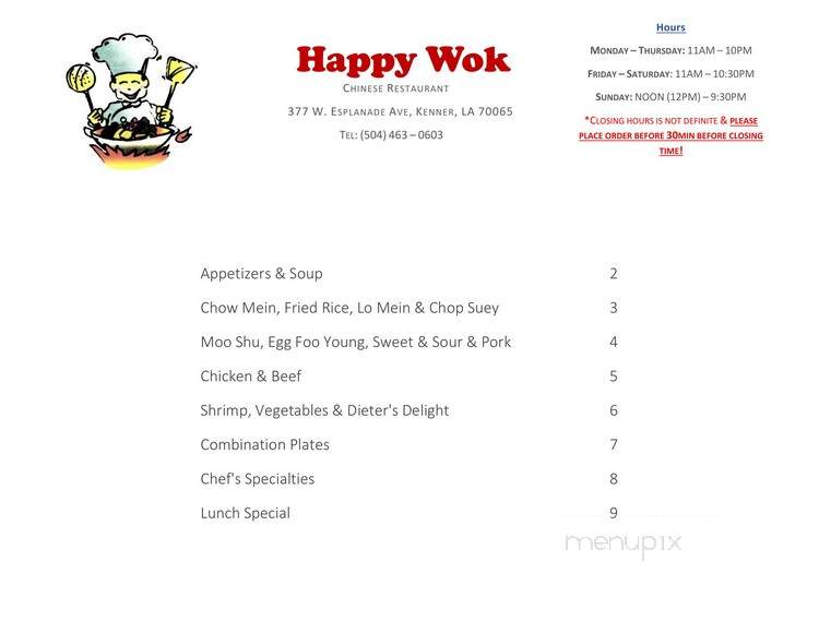 Menu Of Happy Wok Chinese Restaurant In Kenner La 70065
