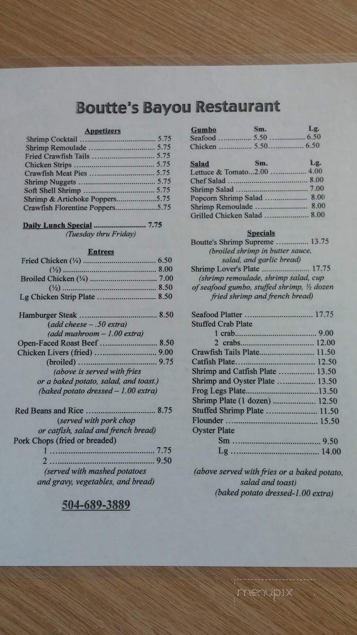Boutte's Bayou Restaurant - Lafitte, LA menu_pic