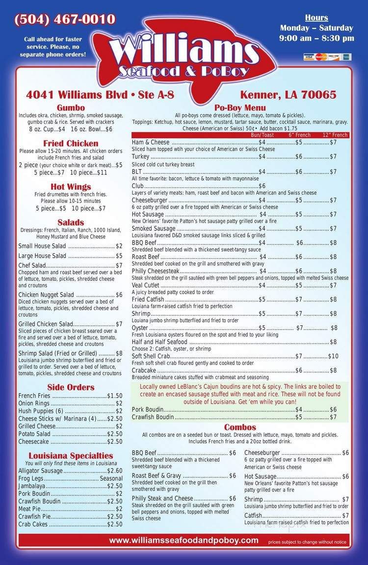 Williams Seafood & Po Boy - Kenner, LA menu_pic