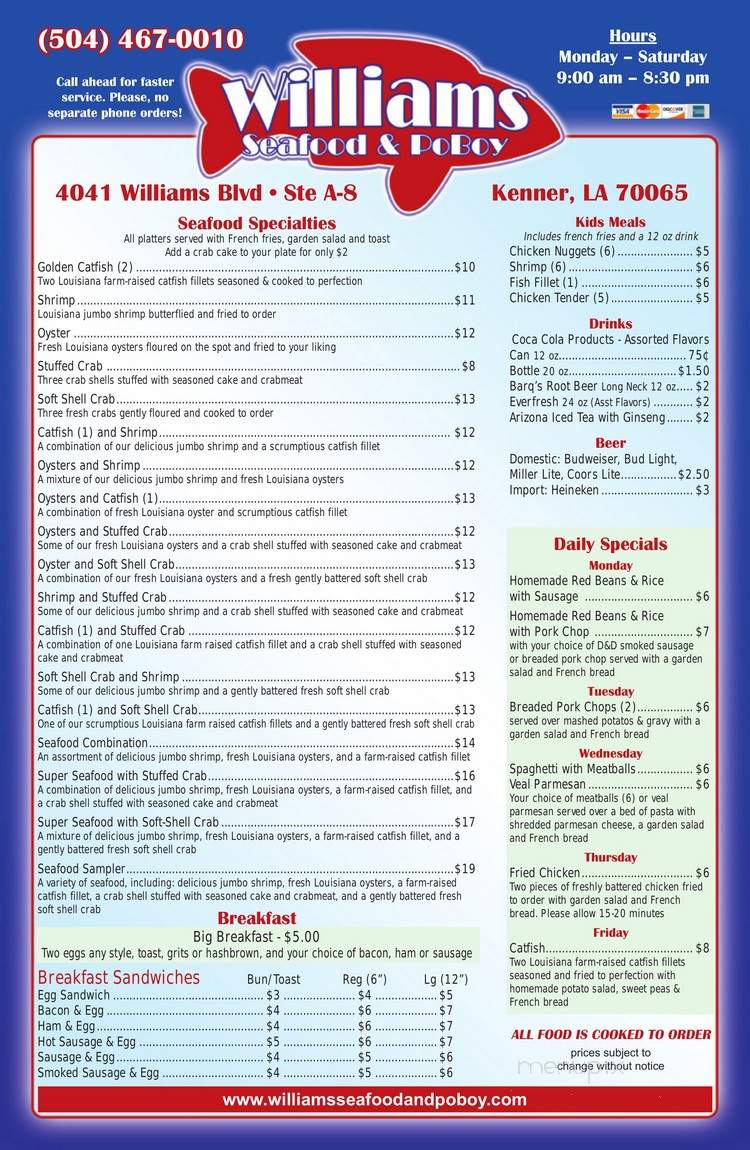Williams Seafood & Po Boy - Kenner, LA menu_pic
