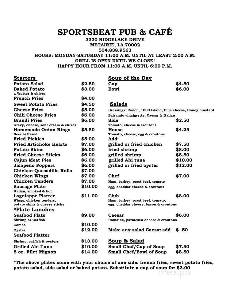 Sports Beat Pub & Cafe - Metairie, LA menu_pic