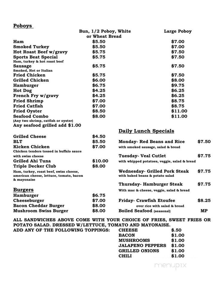 Sports Beat Pub & Cafe - Metairie, LA menu_pic