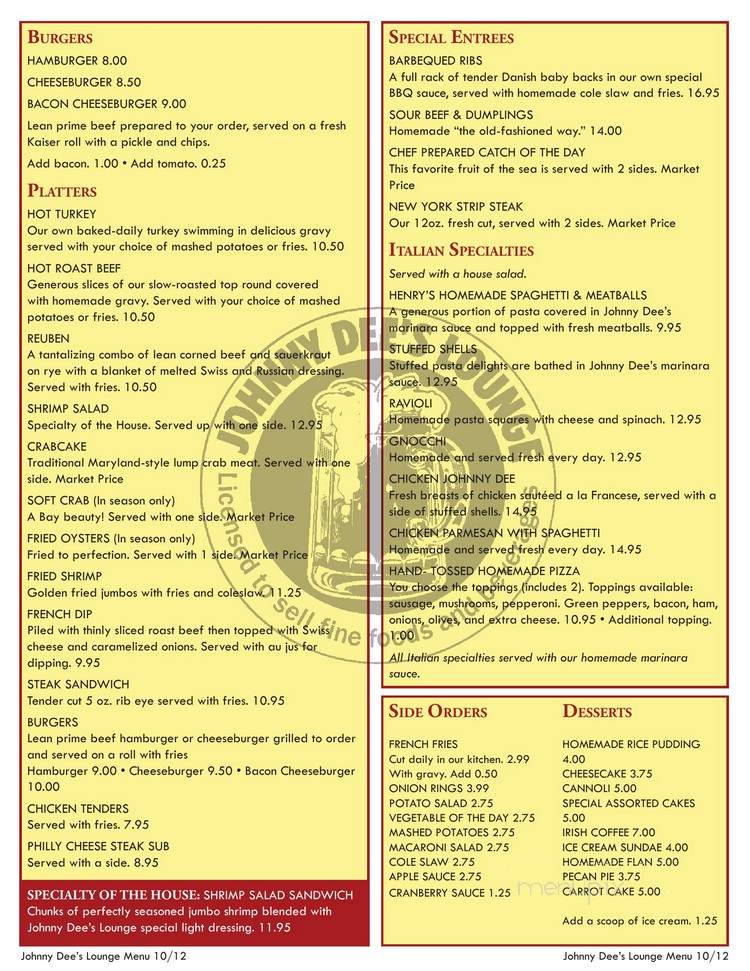 Johnny Dee's Lounge - Baltimore, MD menu_pic