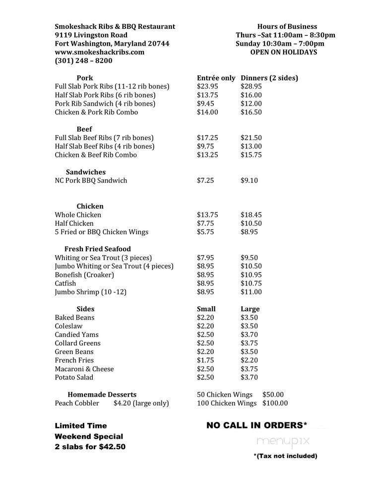 Smokeshack Ribs Restaurant - Fort Washington, MD menu_pic