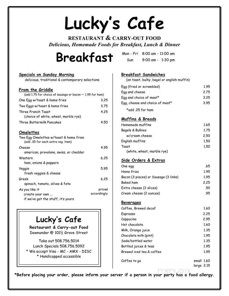 Lucky's Cafe - Worcester, MA menu_pic