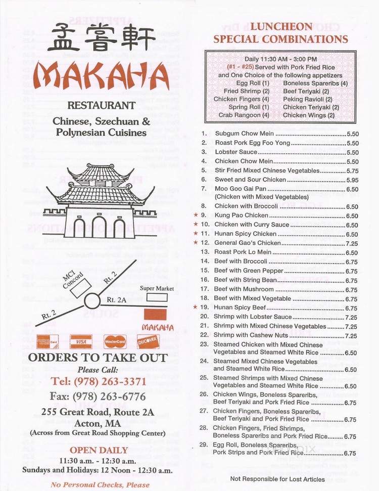 Makaha Restaurant - Acton, MA menu_pic