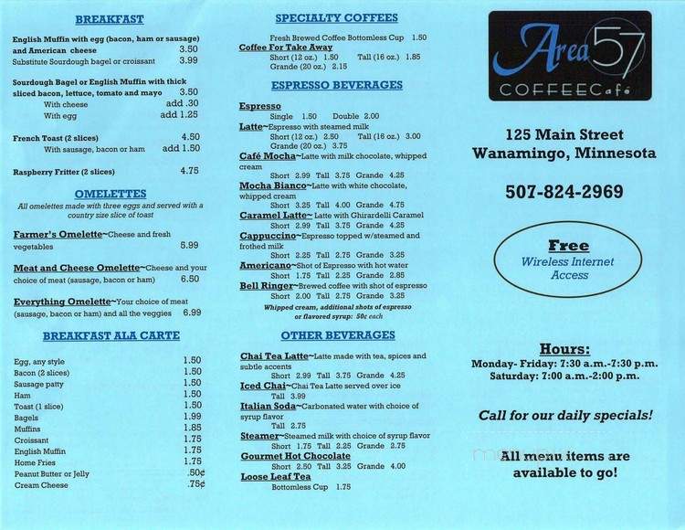 Area 57 Coffee Cafe - Wanamingo, MN menu_pic
