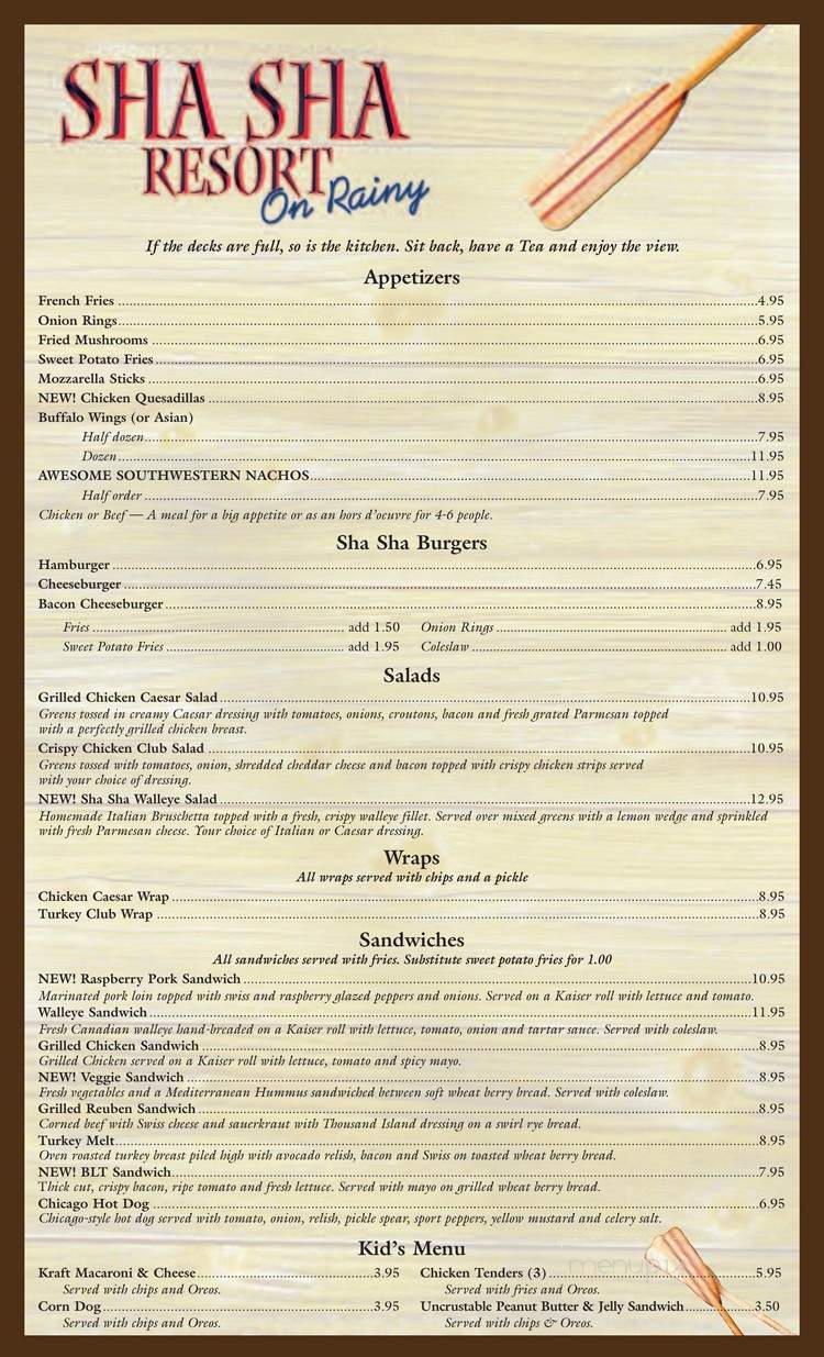 Sha Sha Resort - International Falls, MN menu_pic