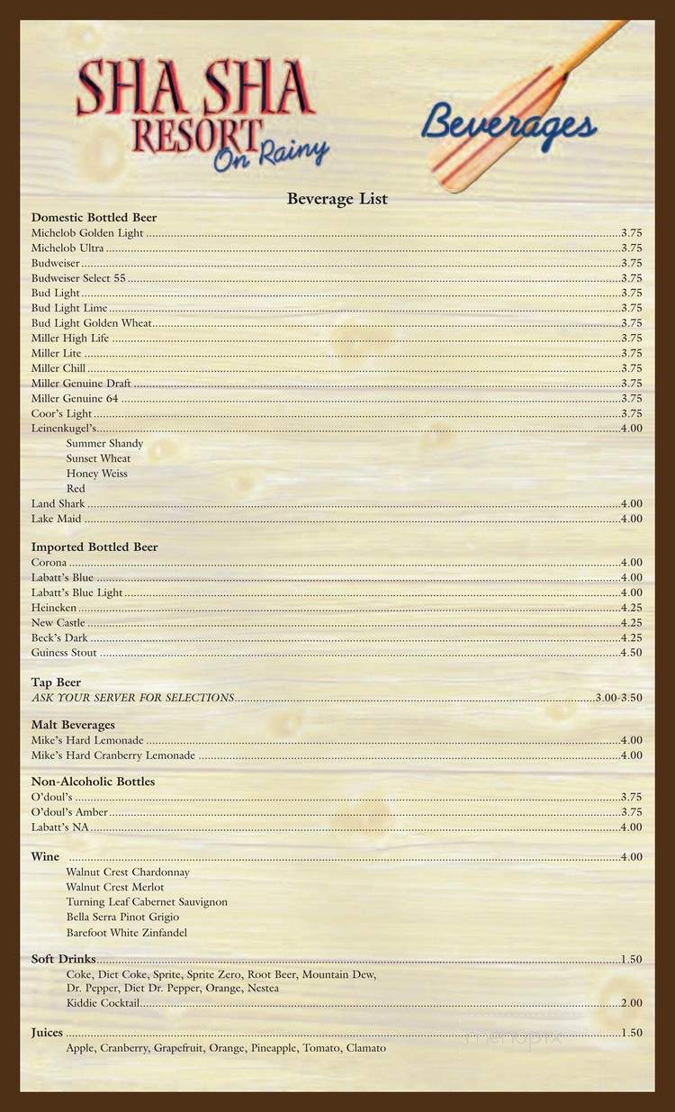 Sha Sha Resort - International Falls, MN menu_pic