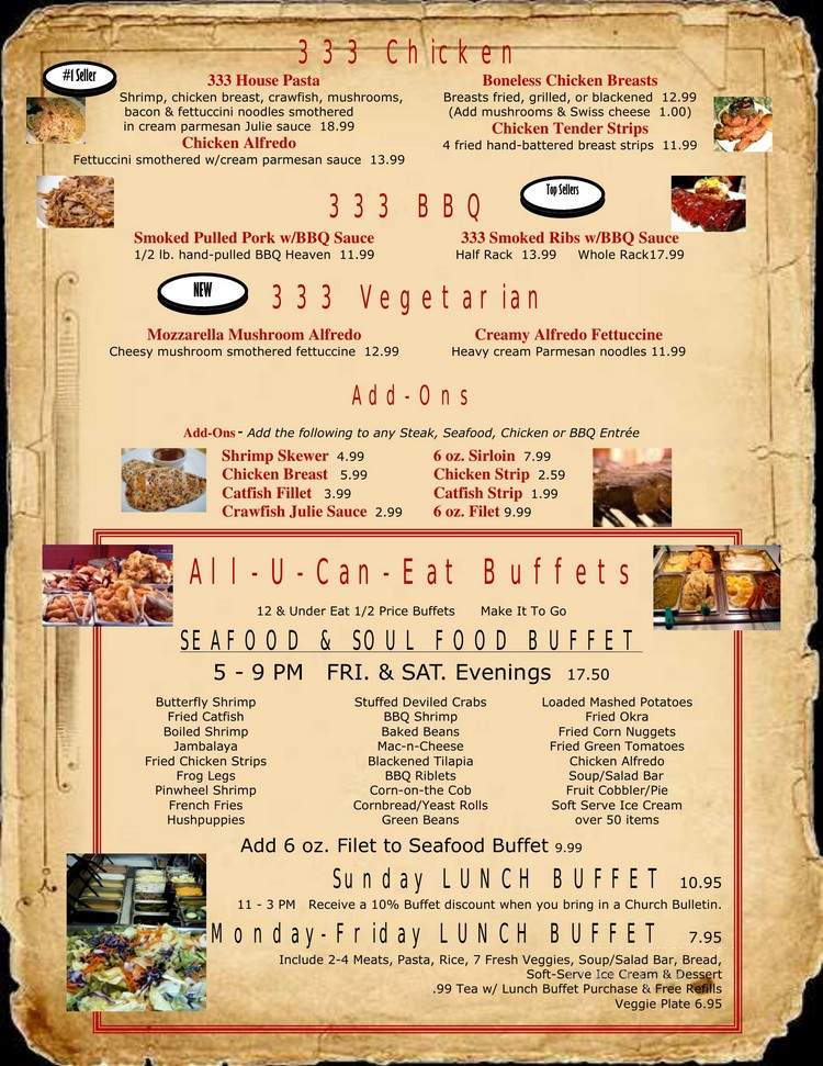 Menu of 333 Restaurant in Grenada, MS 38901
