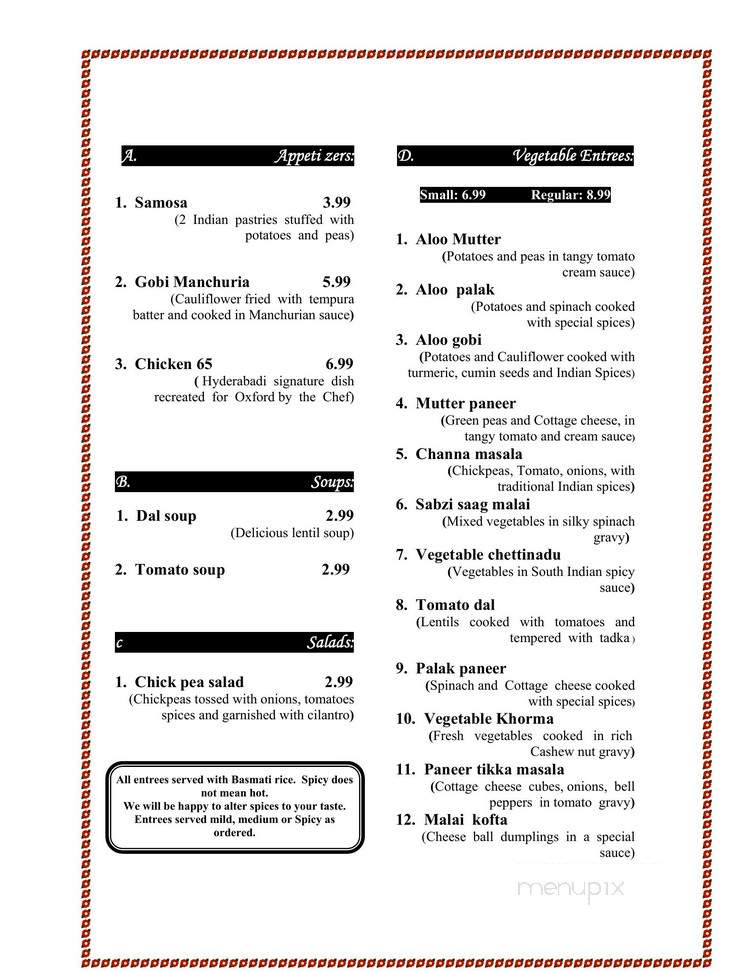 Maharaja Indian Cuisine - Oxford, MS menu_pic