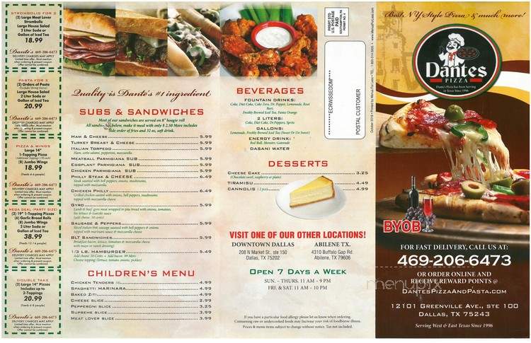 Dantes Pizza & Pasta - Dallas, TX menu_pic