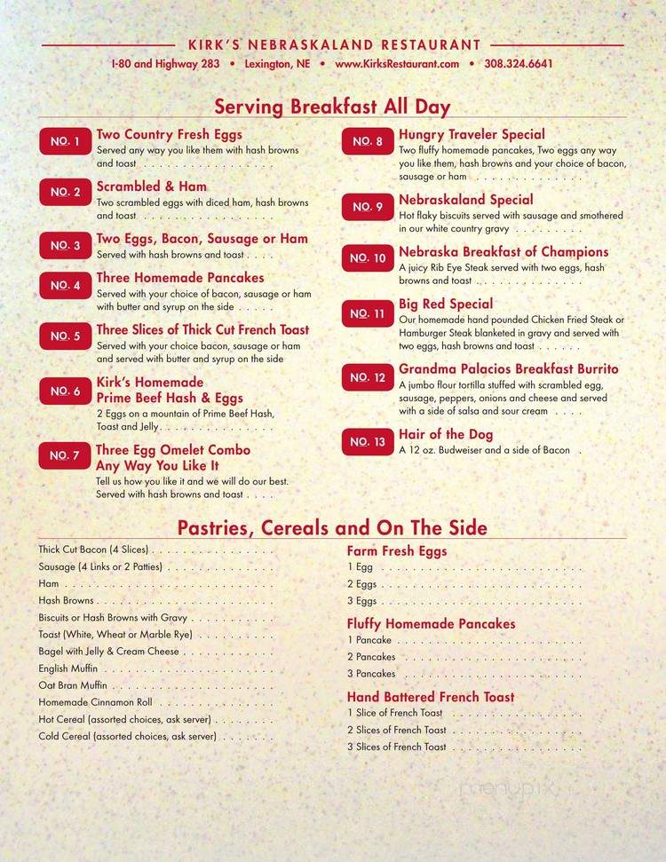 Kirk's Nebraskaland Restaurant - Lexington, NE menu_pic