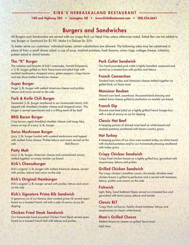 Kirk's Nebraskaland Restaurant - Lexington, NE menu_pic