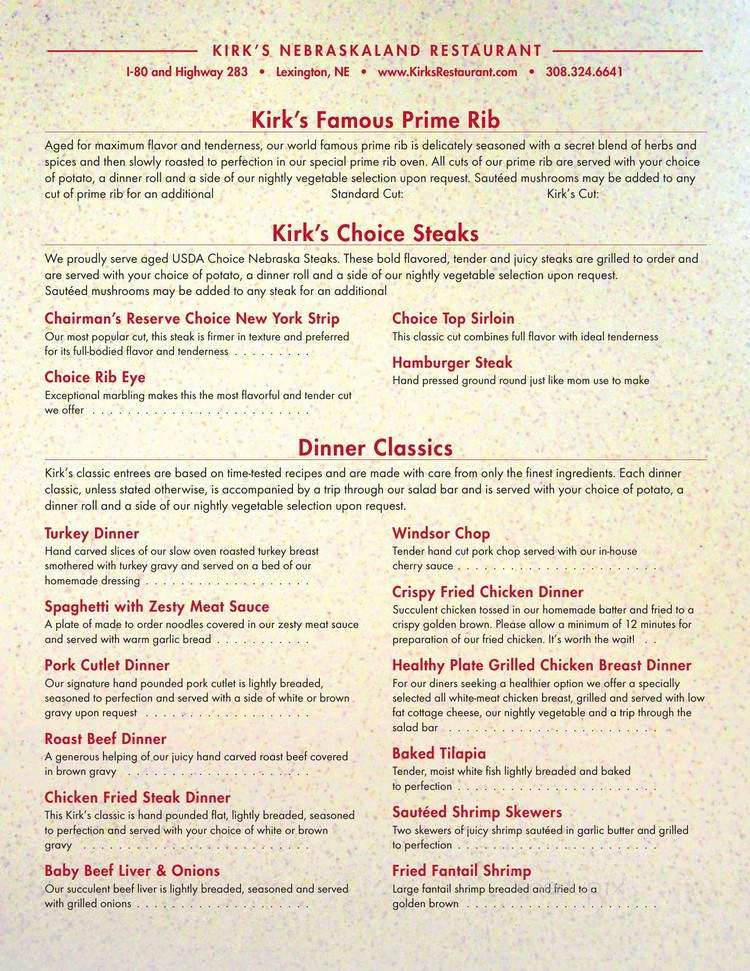 Kirk's Nebraskaland Restaurant - Lexington, NE menu_pic