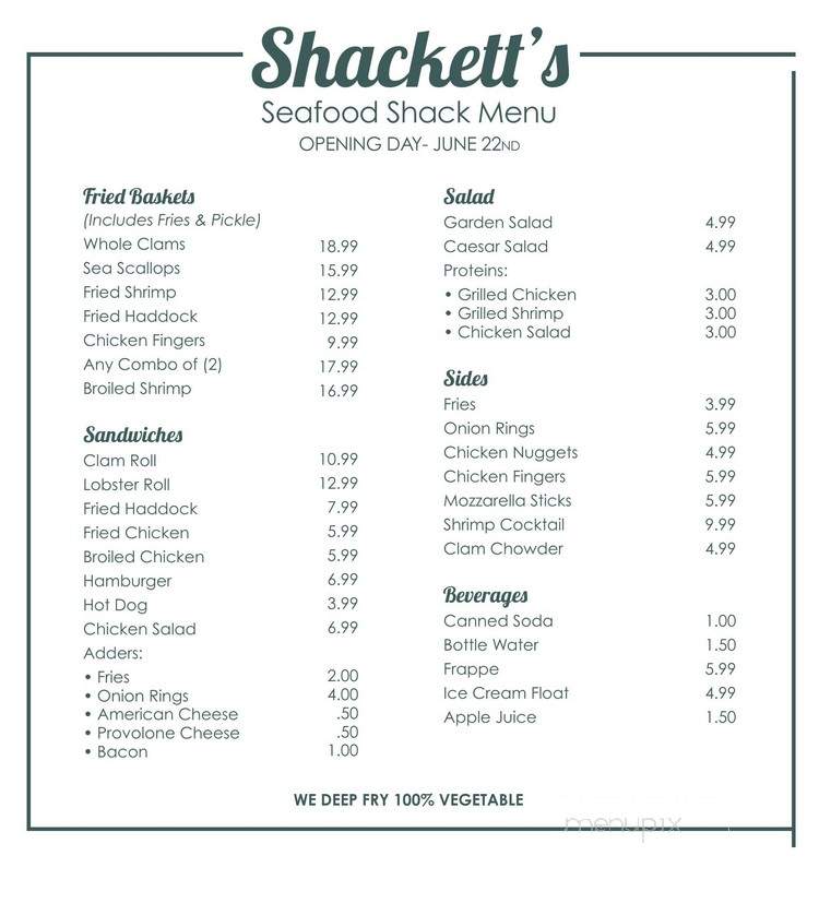 Shackett's Seafood Shack - Bristol, NH menu_pic
