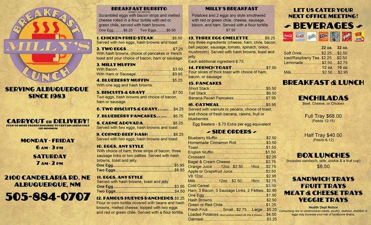 Milly's Restaurant - Albuquerque, NM menu_pic