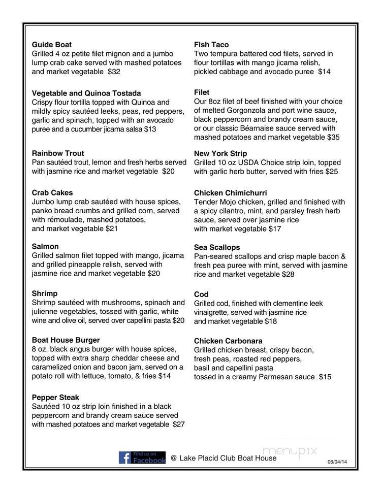 Boat House Restaurant - Lake Placid, NY menu_pic