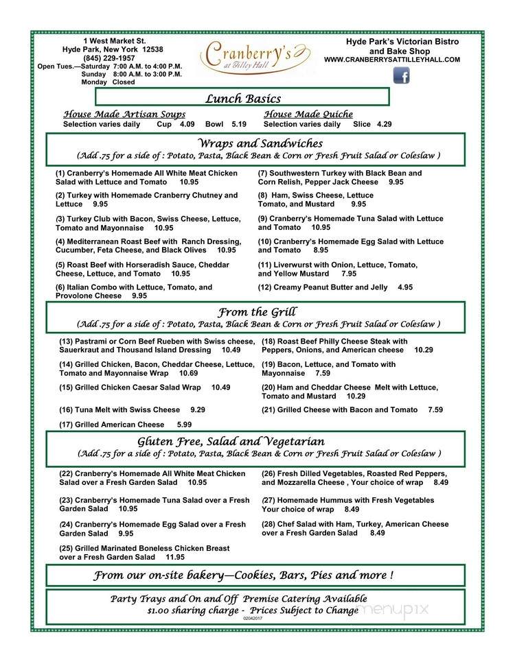 Cranberry's At Tilley Hall - Hyde Park, NY menu_pic