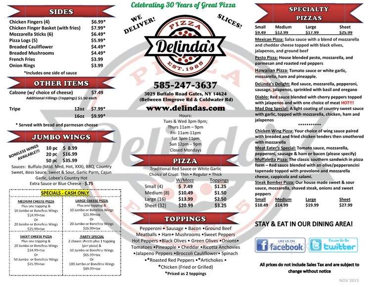 De Linda's Pizzeria - Rochester, NY menu_pic