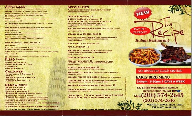 The Recipe Italian Restaurant - Bergenfield, NJ menu_pic