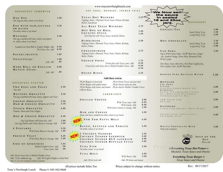 Tony's Newburgh Lunch - Newburgh, NY menu_pic