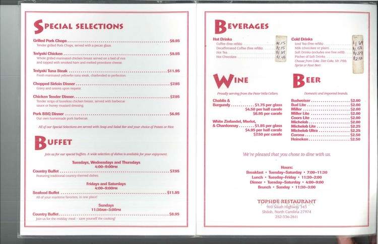 Topside Restaurant - Shiloh, NC menu_pic
