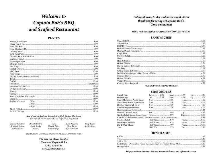 Captain Bob's BBQ& Seafood - Hertford, NC menu_pic