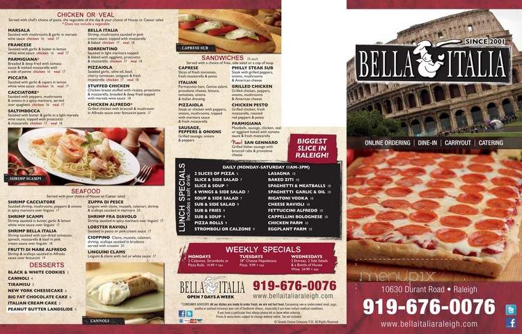 Bella Italia Restaurant - Raleigh, NC menu_pic