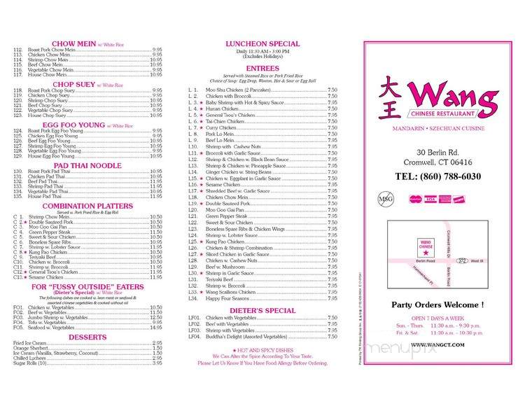 Wang Chinese Restaurant - Cromwell, CT menu_pic