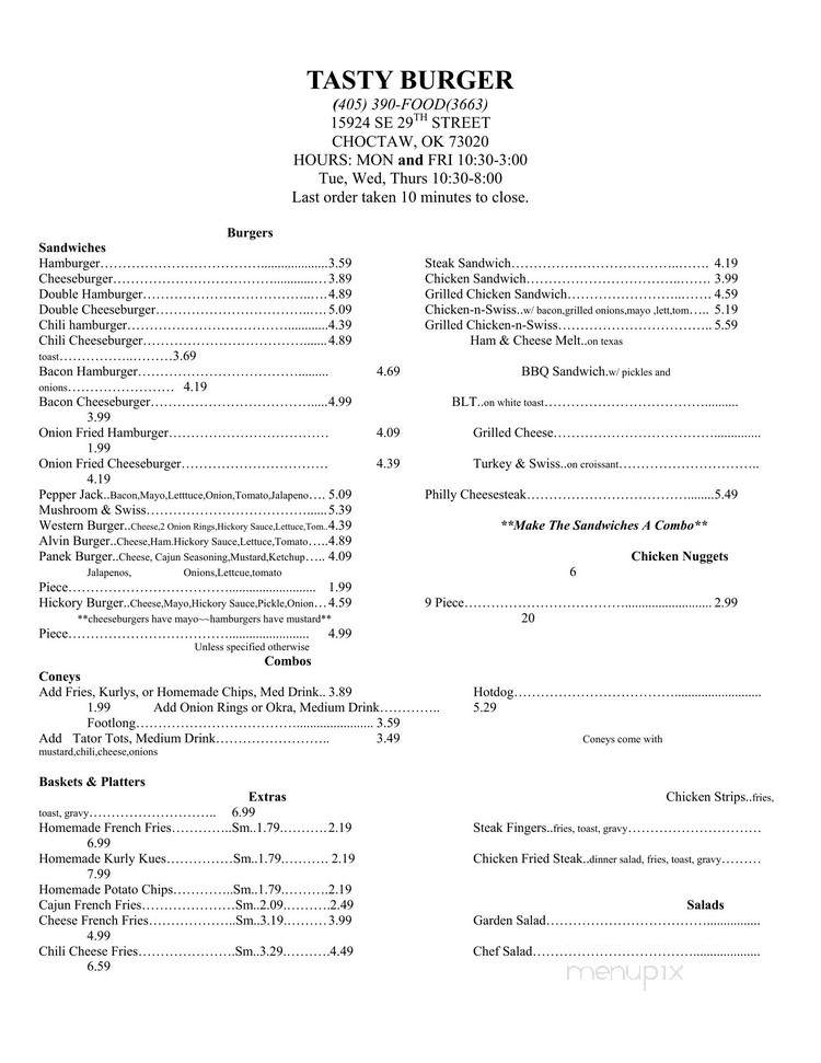Tasty Burger - Choctaw, OK menu_pic
