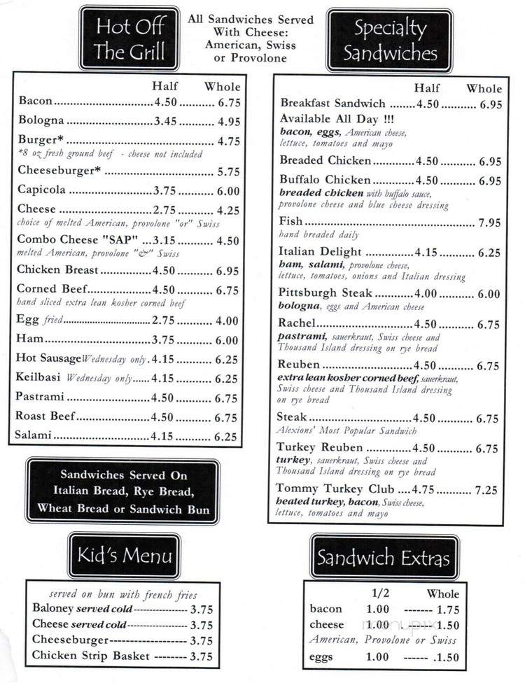Alexion's Bar & Grill - Carnegie, PA menu_pic
