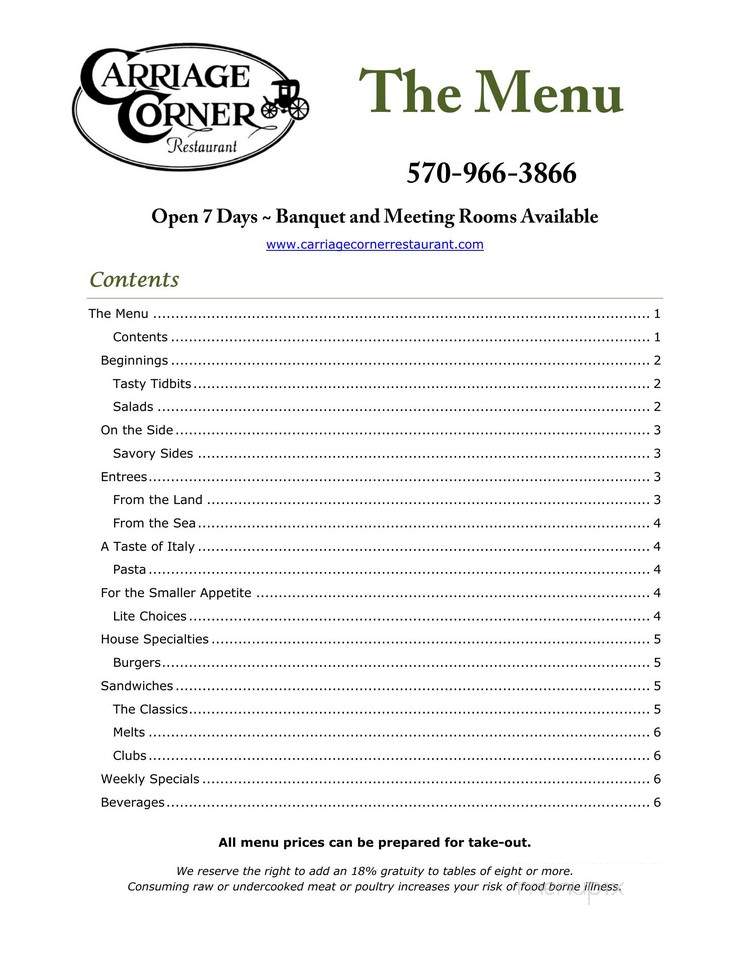 Carriage Corner Restaurant - Mifflinburg, PA menu_pic