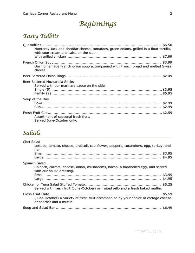 Carriage Corner Restaurant - Mifflinburg, PA menu_pic